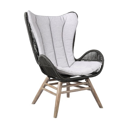 Armen Living King Indoor Outdoor Lounge Chair in Light Eucalyptus Wood with Charcoal Rope and Gray Cushion LCKGCHCHR